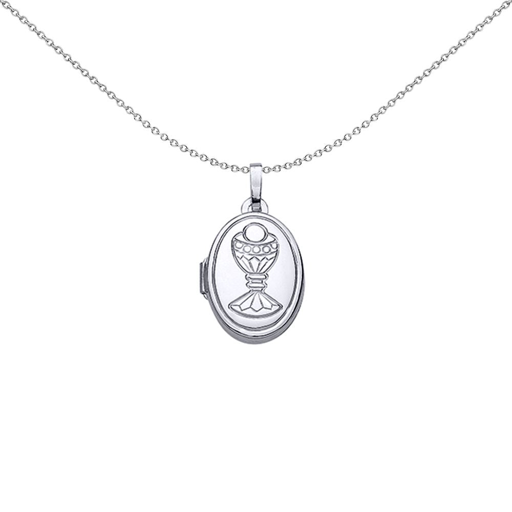 Silver  Oval Eucharist Chalice First Communion Locket Necklace - LK34