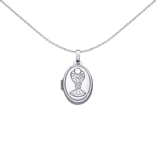 Silver  Oval Eucharist Chalice First Communion Locket Necklace - LK34