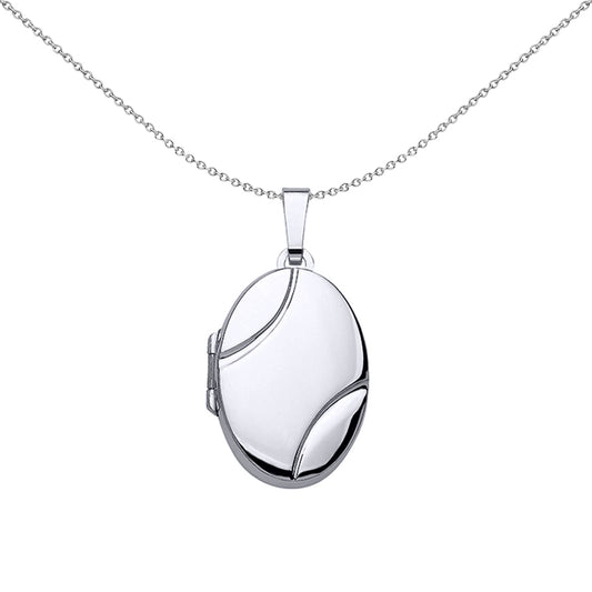 Silver  Oval Grooved Locket Necklace 18 inch - LK36