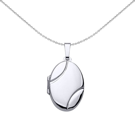 Silver Oval Grooved Locket Necklace - LK36