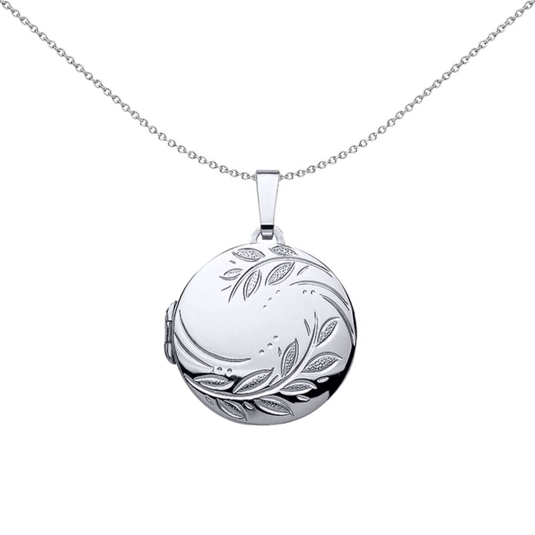 Silver  Round Olive Branch Locket Necklace - LK39