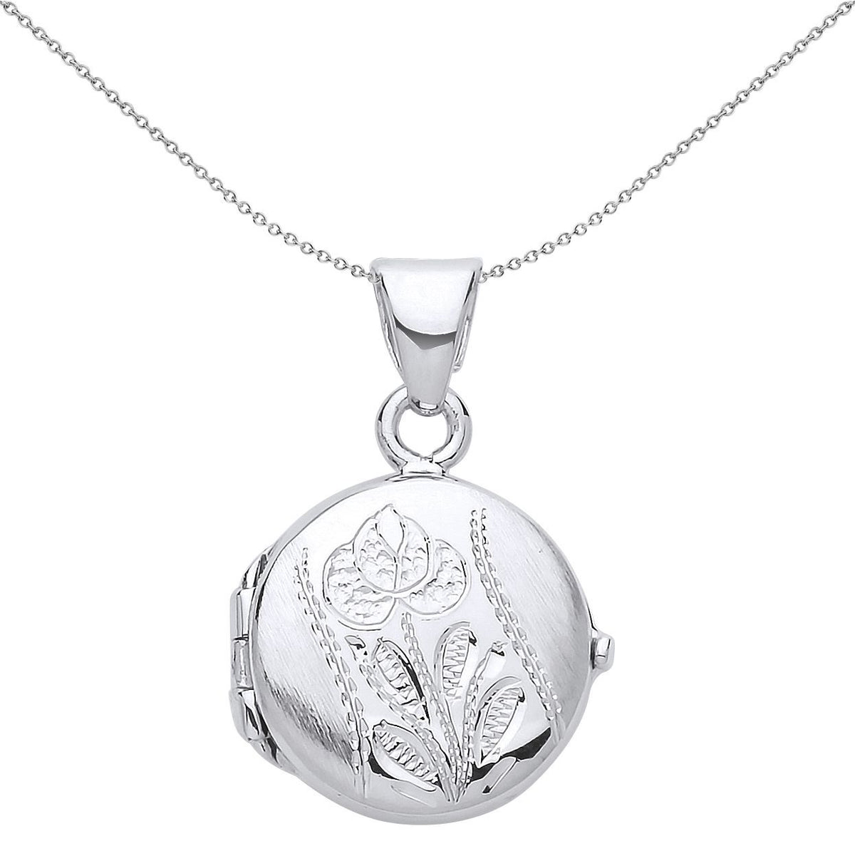 Silver  Brushed Flower Round Photo Locket Flower Pot Pendant - LK51