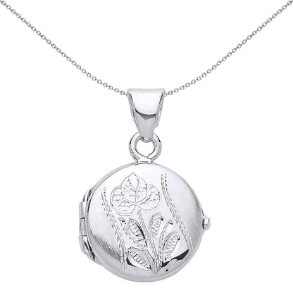 Silver  Brushed Flower Round Photo Locket Flower Pot Pendant - LK51