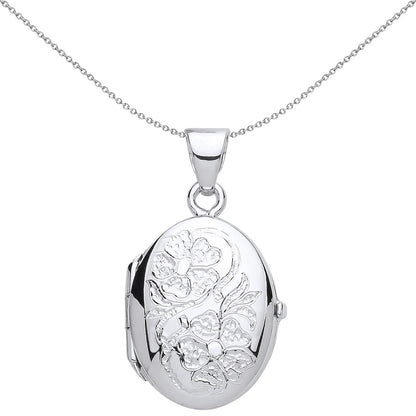 Silver  Flowers Oval Locket Necklace 18 inch - LK52