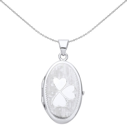 Silver  Love Heart Clover Oval Locket Necklace 18 inch - LK53