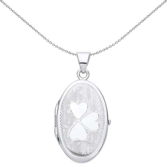 Silver  Love Heart Clover Oval Locket Necklace 18 inch - LK53