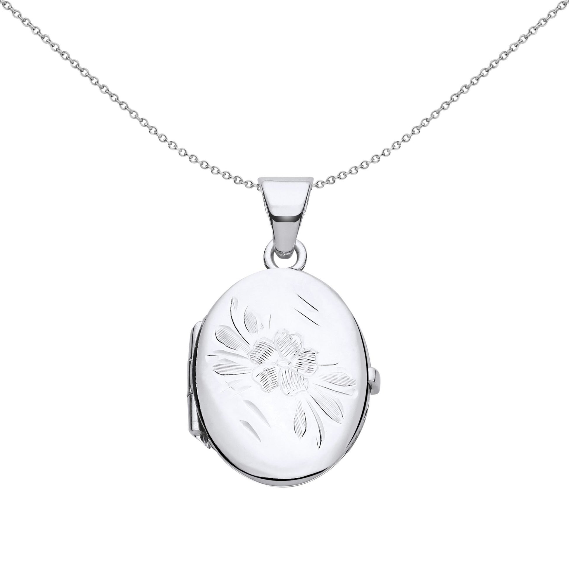 925 Silver  Flower Engraved Oval Locket Pendant Necklace - LK56