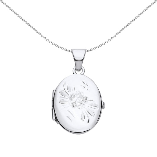 Silver  Flower Engraved Oval Locket Pendant Necklace - LK56