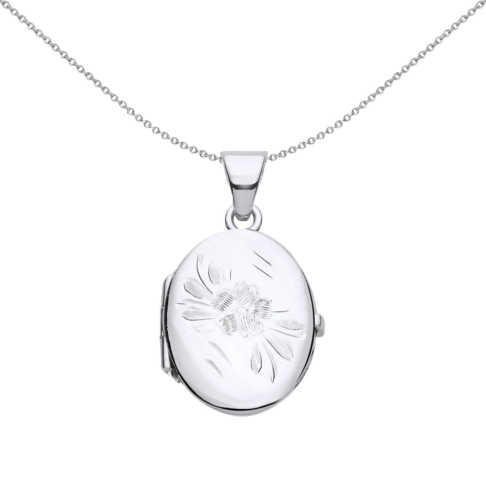 925 Silver  Flower Engraved Oval Locket Pendant Necklace 18 inch - LK56
