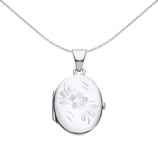 925 Silver  Flower Engraved Oval Locket Pendant Necklace 18 inch - LK56