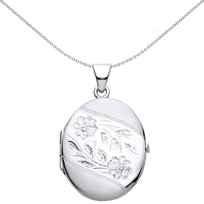 Silver  Flower Leaves Engraved Ribbon Satin Oval Locket Necklace - LK57