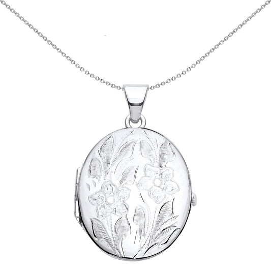 Silver  Flower Leaves Engraved Oval Locket Pendant Necklace - LK58