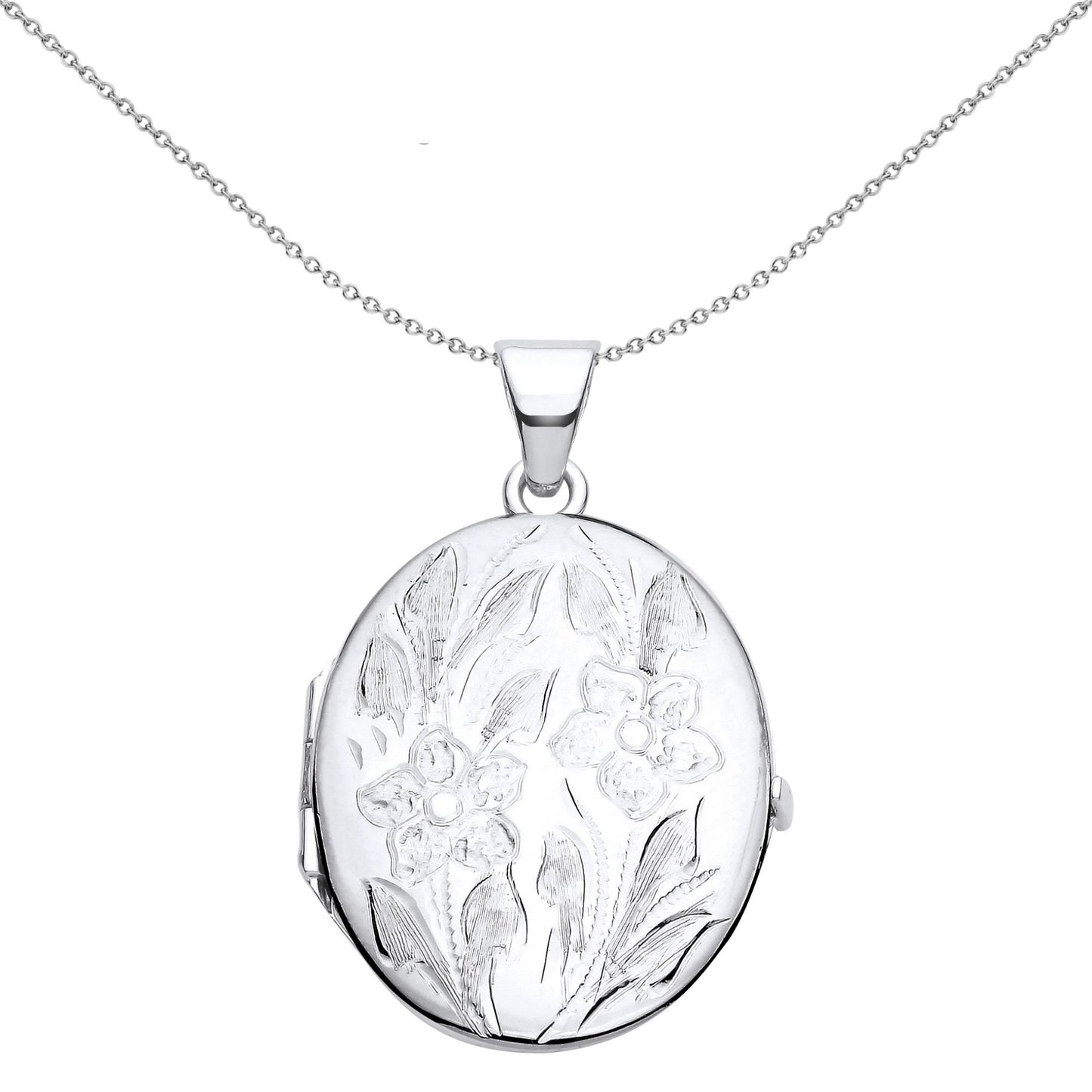 925 Silver  Flower Leaves Engraved Oval Locket Pendant Necklace - LK58