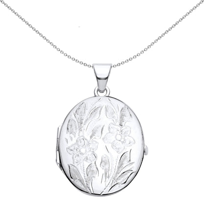 925 Silver  Flower Leaves Engraved Oval Locket Pendant Necklace - LK58