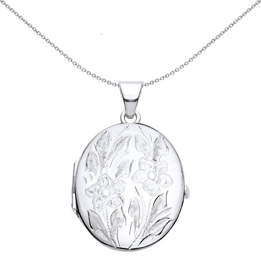 925 Silver  Flower Leaves Engraved Oval Locket Pendant Necklace - LK58