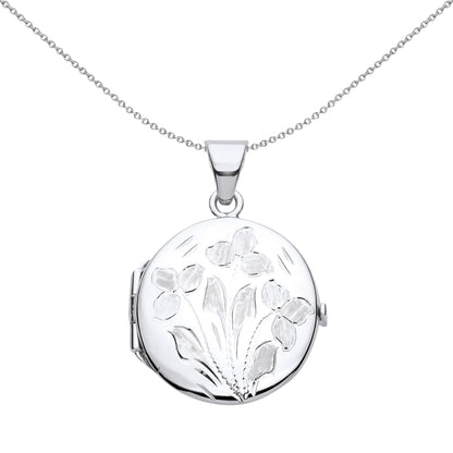 Silver  Flower Leaves Engraved Round Locket Pendant Necklace 18" - LK59