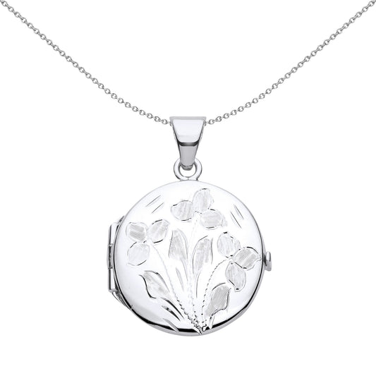 Silver  Flower Leaves Engraved Round Locket Pendant Necklace 18" - LK59