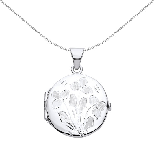 Silver  Flower Leaves Engraved Round Locket Pendant Necklace - LK59