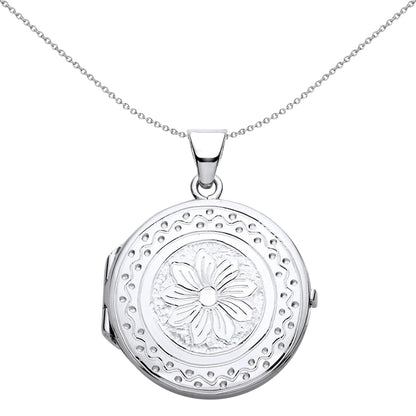 Silver  Flower Waves Dots Engraved Round Locket Necklace - LK60