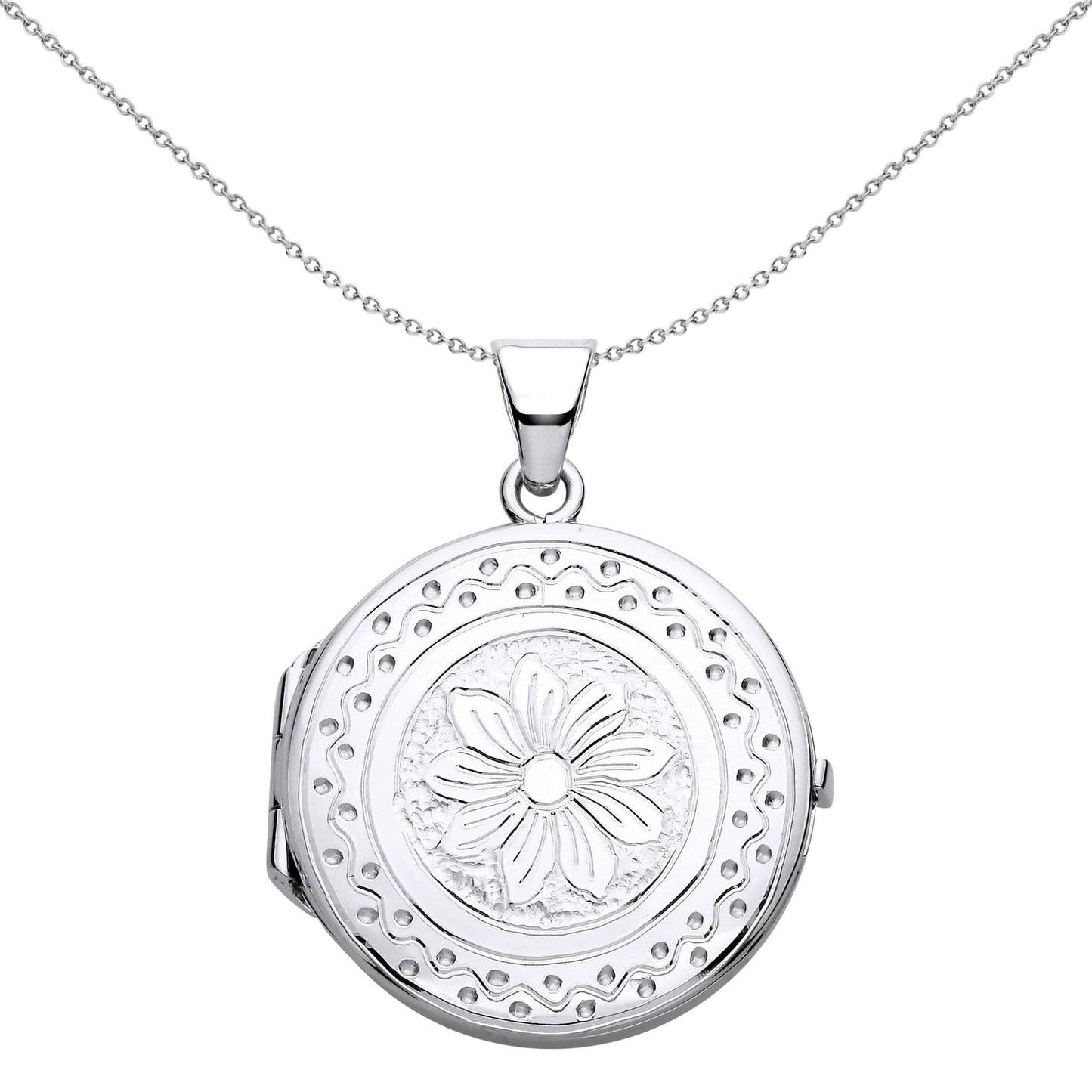 Silver  Flower Waves Dots Engraved Round Locket Necklace 18" - LK60