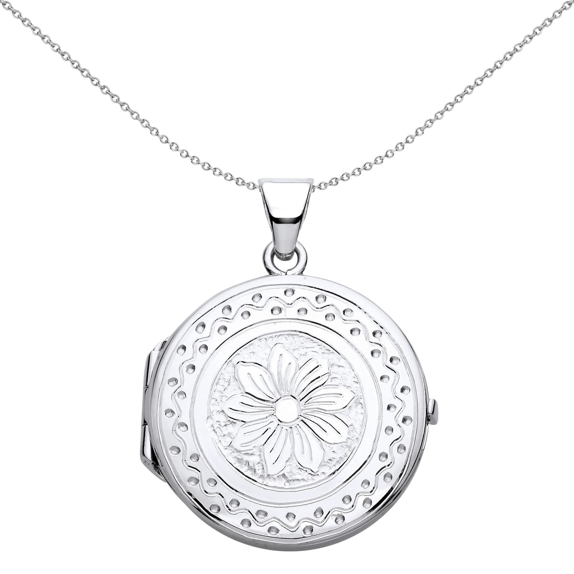 Silver  Flower Waves Dots Engraved Round Locket Necklace 18" - LK60