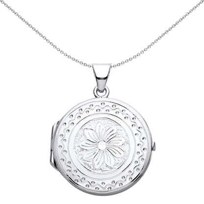 Silver  Flower Waves Dots Engraved Round Locket Necklace 18" - LK60