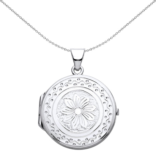 Silver  Flower Waves Dots Engraved Round Locket Necklace 18" - LK60