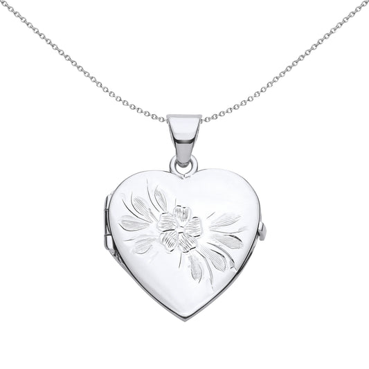 Silver  Flower Leaves Engraved Love Heart Locket Pendant Necklace - LK61