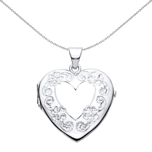 Silver  Flower Leaves Engraved Love Heart Locket Pendant Necklace - LK62