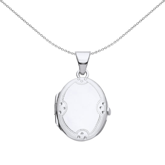 Silver  Engraved Scallope Edge Dots Oval Locket Pendant Necklace - LK63
