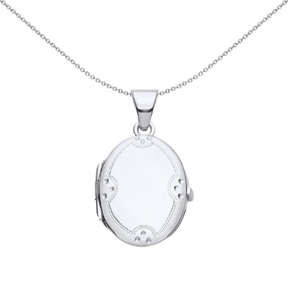 Silver  Engraved Scallope Edge Dots Oval Locket Necklace - LK63
