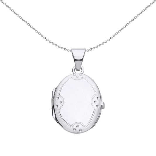 Silver  Engraved Scallope Edge Dots Oval Locket Necklace - LK63