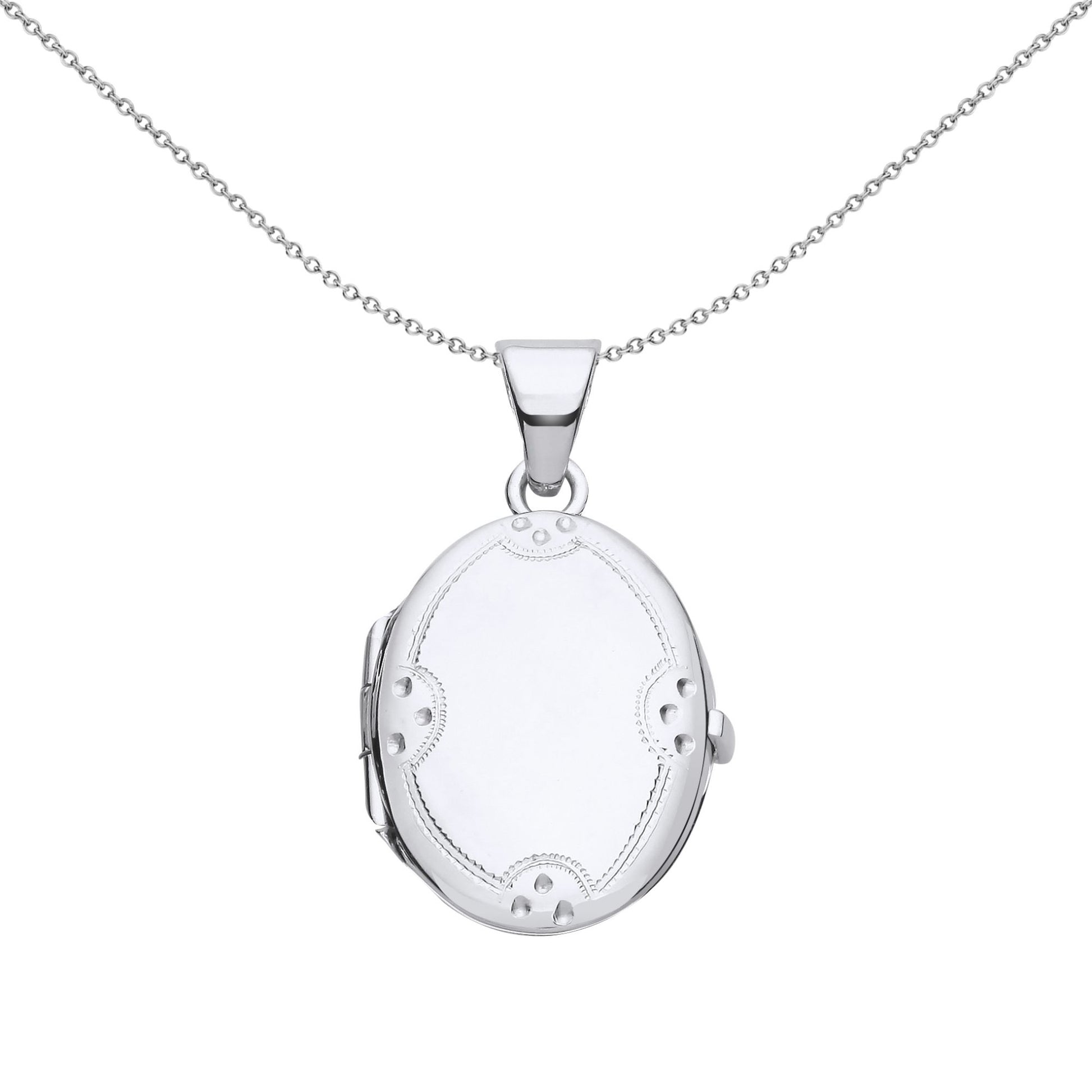 Silver  Engraved Scallope Edge Dots Oval Locket Necklace 18" - LK63