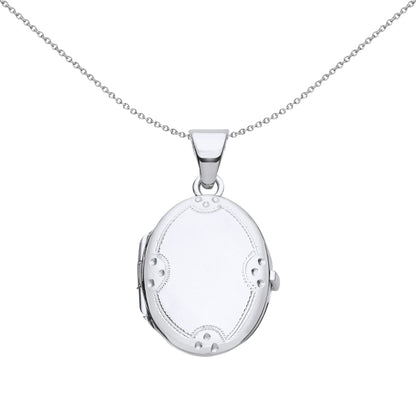 Silver  Engraved Scallope Edge Dots Oval Locket Necklace 18" - LK63