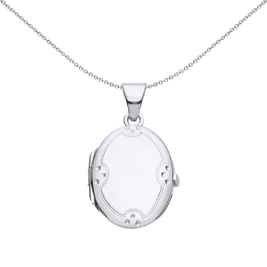 Silver  Engraved Scallope Edge Dots Oval Locket Necklace 18" - LK63