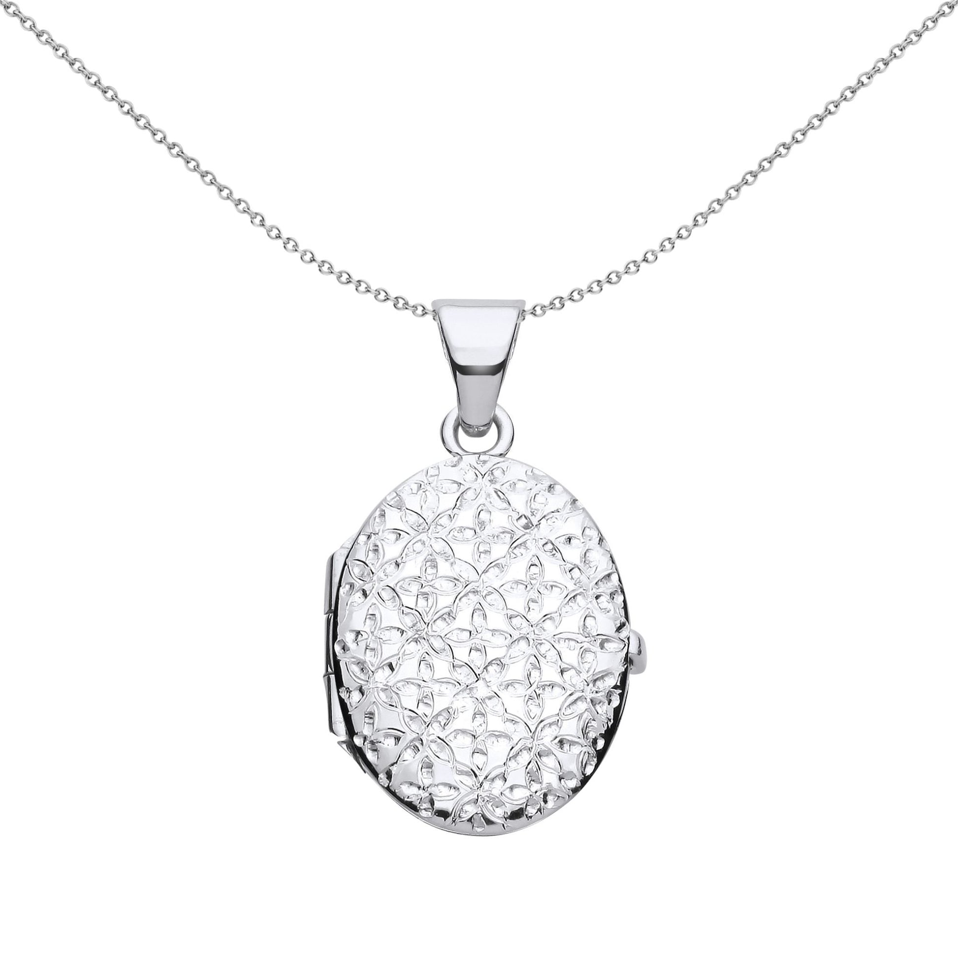 Silver  Engraved Helix Butterfly Quilt Oval Locket Necklace 18" - LK64