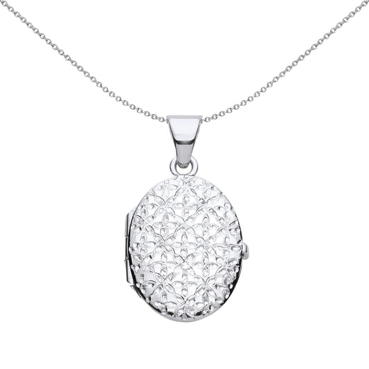 Silver  Engraved Helix Butterfly Quilt Oval Locket Necklace 18" - LK64