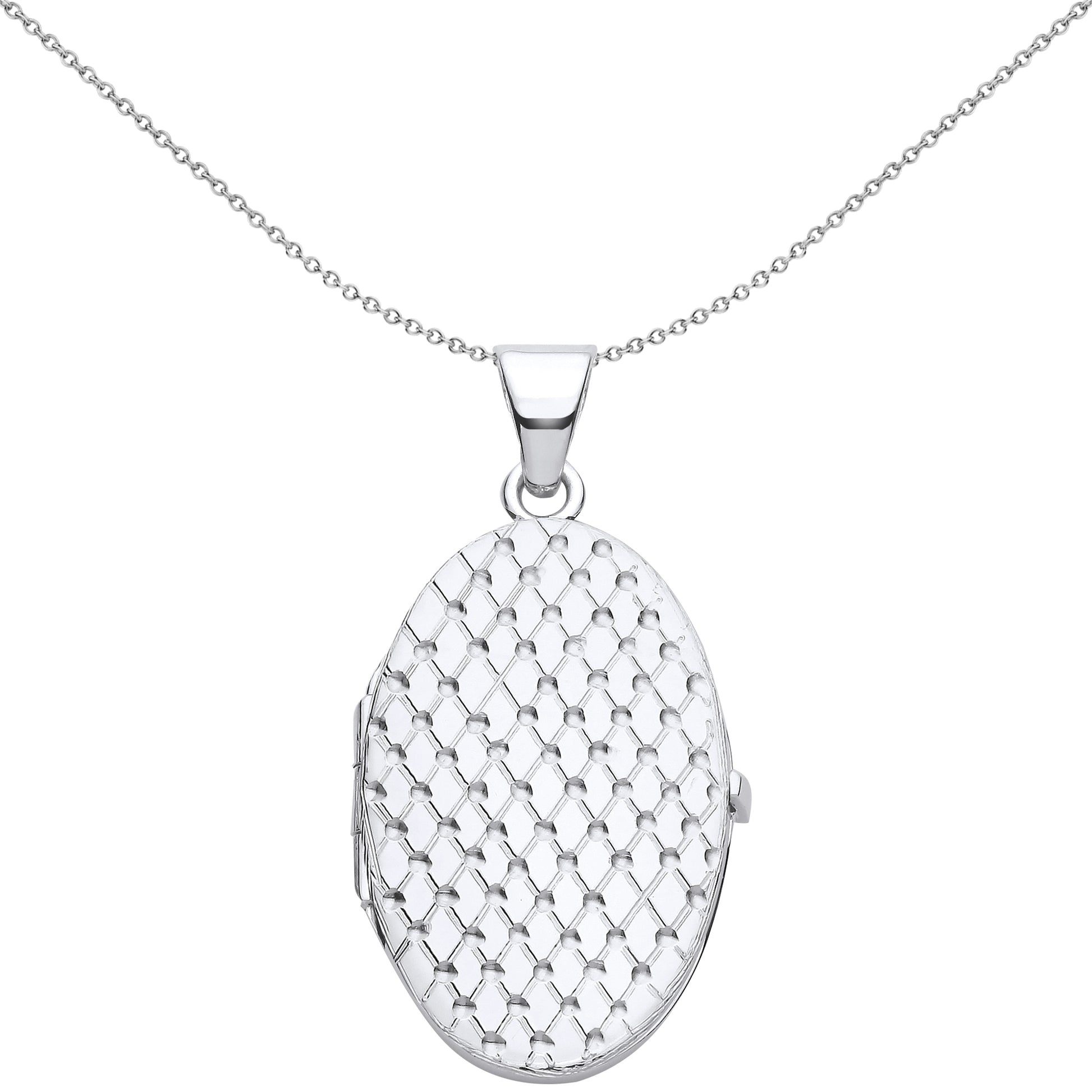 Silver  Engraved Diamond Quilted Mesh Oval Locket Pendant Necklace - LK65