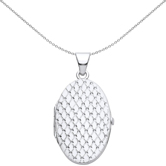 Silver  Engraved Diamond Quilted Mesh Oval Locket Pendant Necklace - LK65