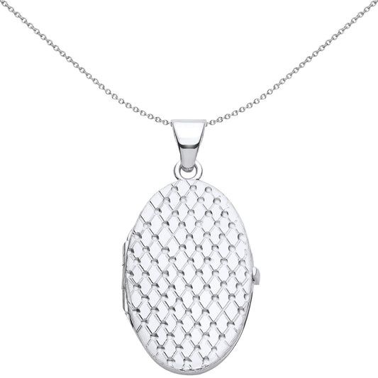 Silver  Engraved Diamond Quilted Mesh Oval Locket Pendant Necklace - LK65