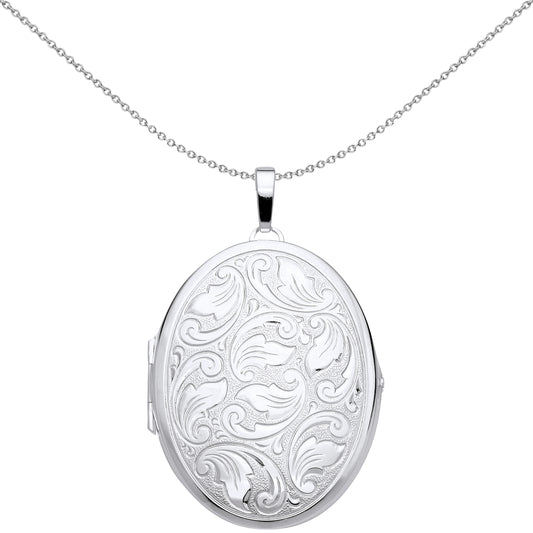 Silver  Engraved Floral Filigree Oval Locket Pendant Necklace - LK66