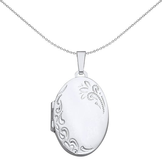 Silver  Engraved Floral Filigree Oval Locket Pendant Necklace - LK67