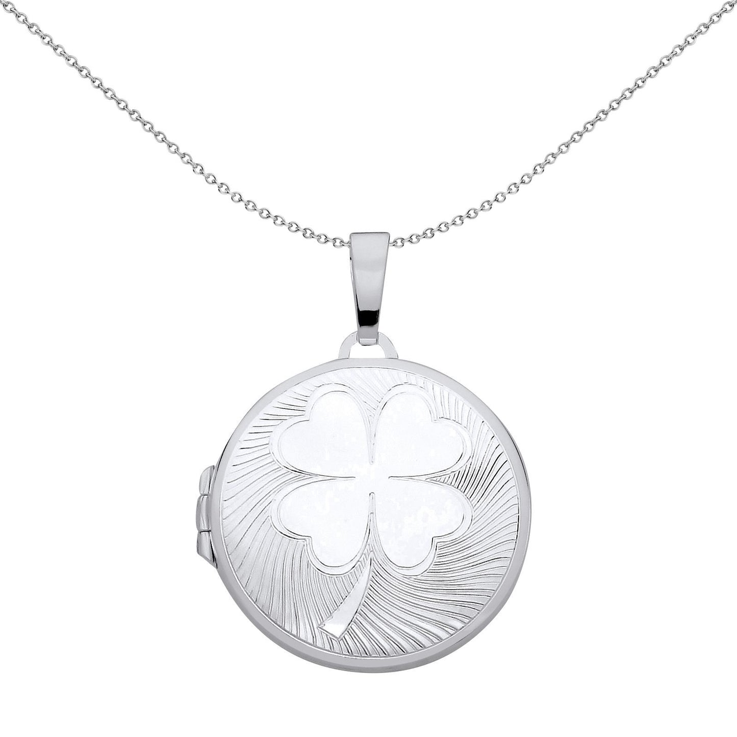Silver  Fluted 4 Leaf Clover Round Locket Pendant Necklace - LK69