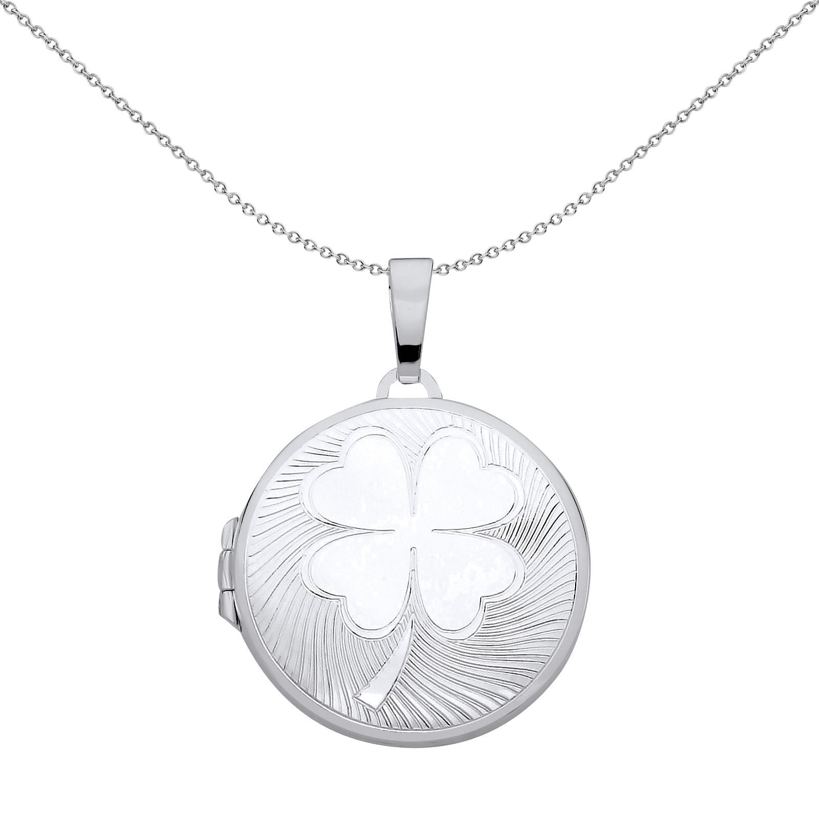 Silver  Fluted 4 Leaf Clover Round Locket Pendant Necklace - LK69