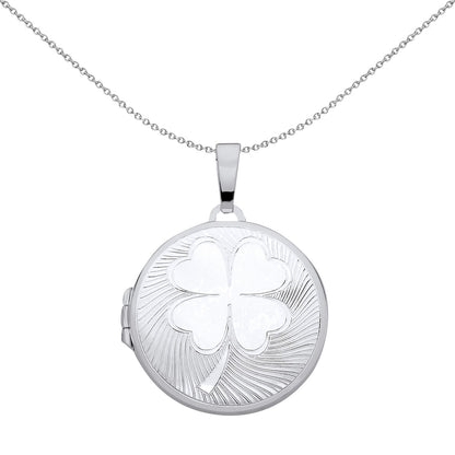 Silver  Fluted 4 Leaf Clover Round Locket Pendant Necklace - LK69