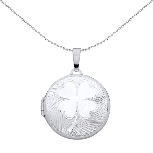 Silver  Fluted 4 Leaf Clover Round Locket Pendant Necklace - LK69
