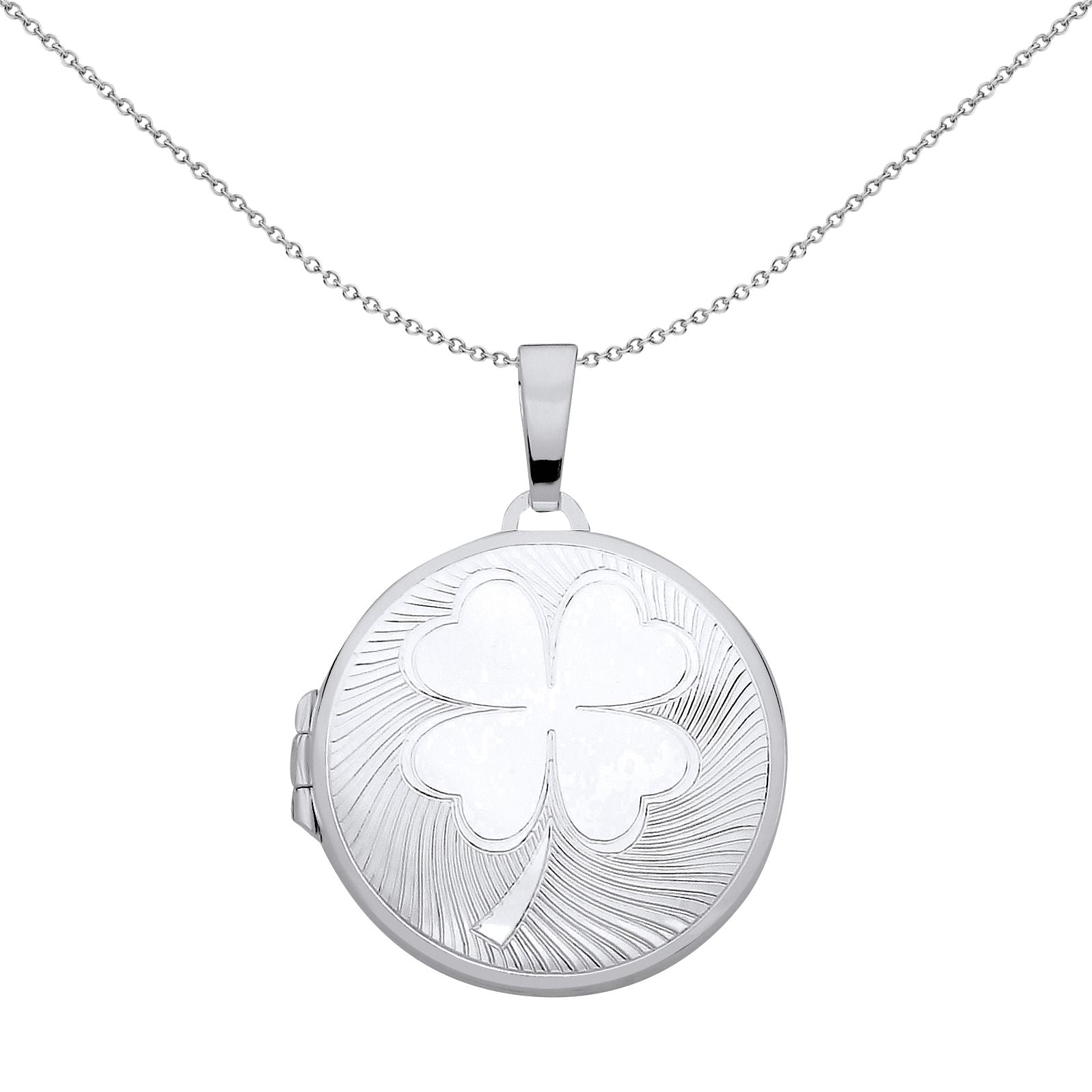 Silver  Fluted 4 Leaf Clover Round Locket Pendant Necklace 18 inch - LK69