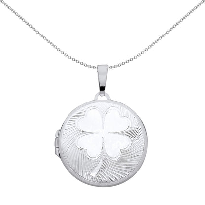 Silver  Fluted 4 Leaf Clover Round Locket Pendant Necklace 18 inch - LK69