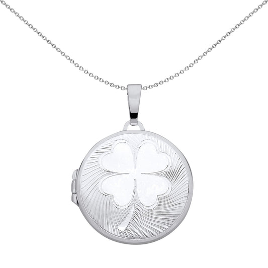 Silver  Fluted 4 Leaf Clover Round Locket Pendant Necklace 18 inch - LK69