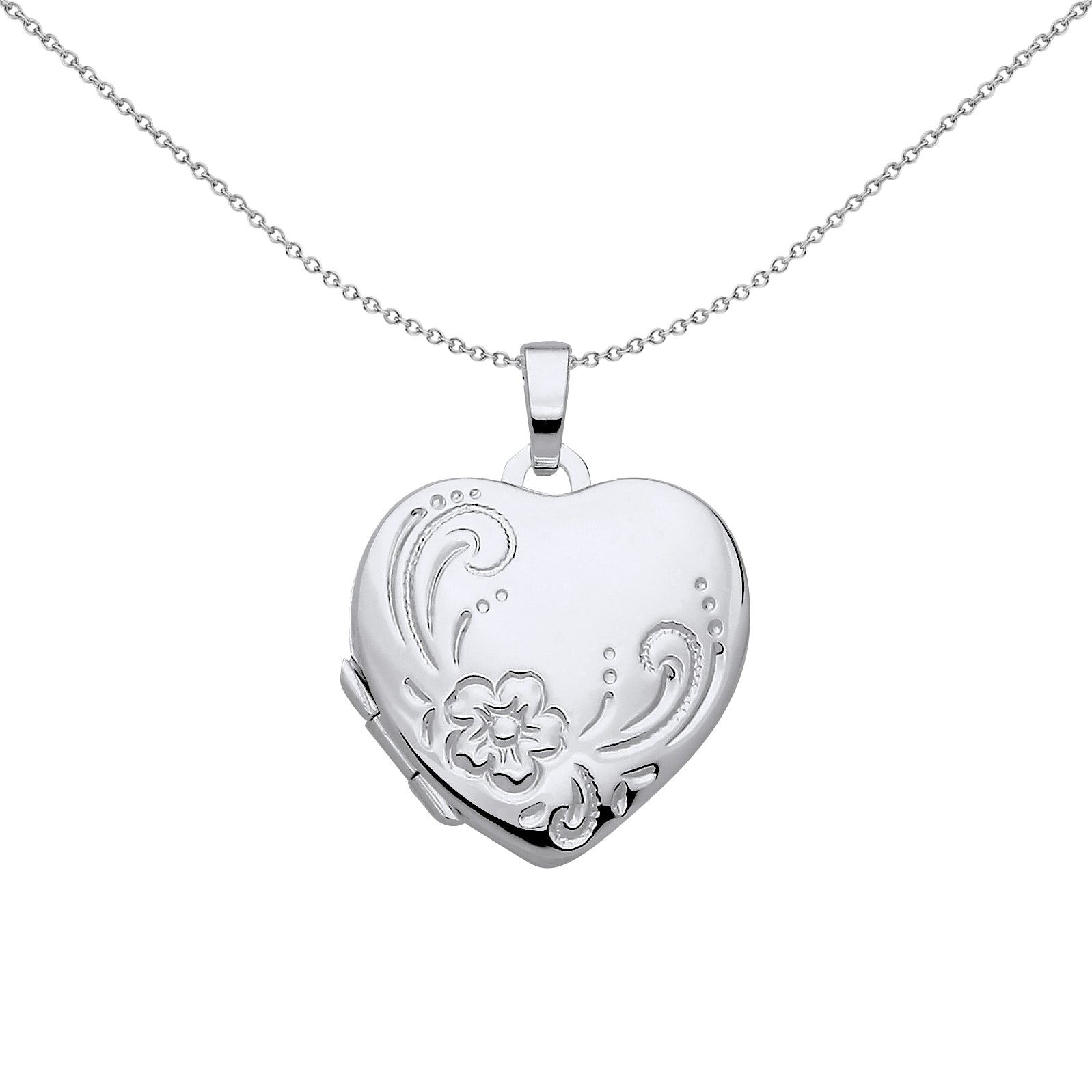 Silver  Flower Leaves Engraved Love Heart Locket Pendant Necklace - LK70